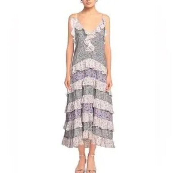 Maje Rissola Contrast Floral Ruffled Cotton Maxi Dress Size 36 - Picture 1 of 16